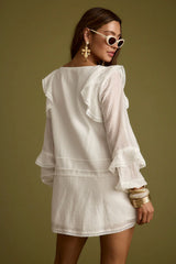 Bound White Long Sleeve Micro Tunic Dress