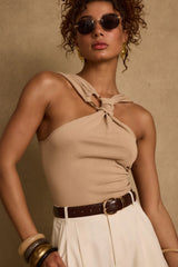 Azula Tan Embellished Halter Top