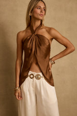 Moonlit Kiss Mocha Satin Halter Top
