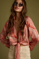 Augusta Tropical Rust Long Sleeve Tie Top