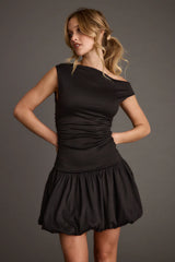 Bridget Black Off the Shoulder Bubble Hem Mini Dress