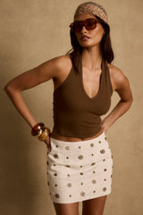 Del Sol Natural and Gold Beaded Mini Skirt