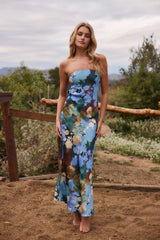 Natalia Blue Floral Printed Strapless Maxi Dress