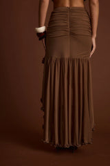 Evanna Brown High Low Ruffle Mesh Maxi Skirt