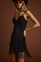 Finnley Black Crochet Fringe Mini Dress