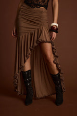 Evanna Brown High Low Ruffle Mesh Maxi Skirt