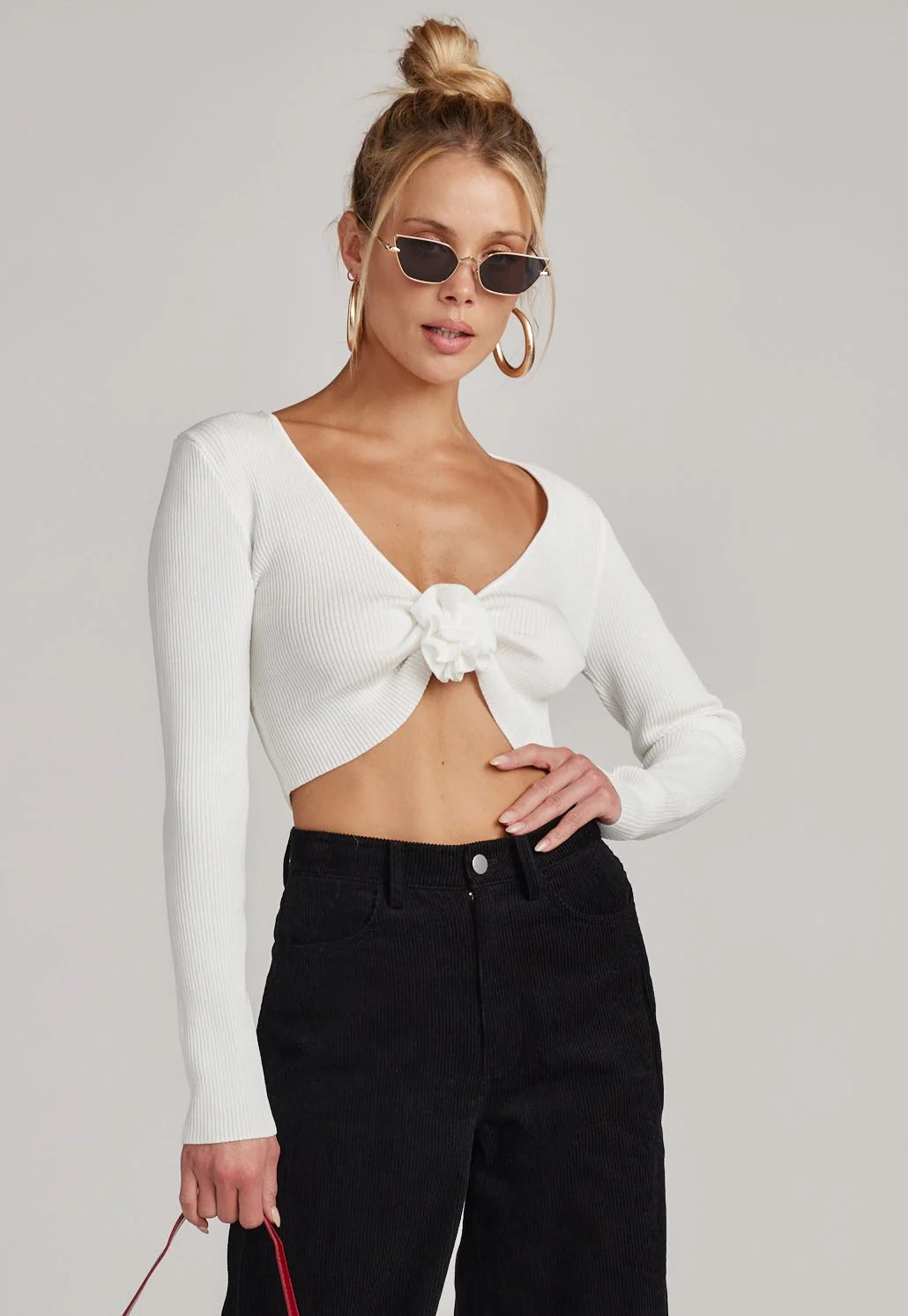 Marie White Long Sleeve Rosette Top