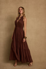 Esperanza Espresso Halter Linen Maxi Dress