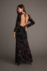 Angela Black Velvet Burnout Long Sleeve Maxi Dress