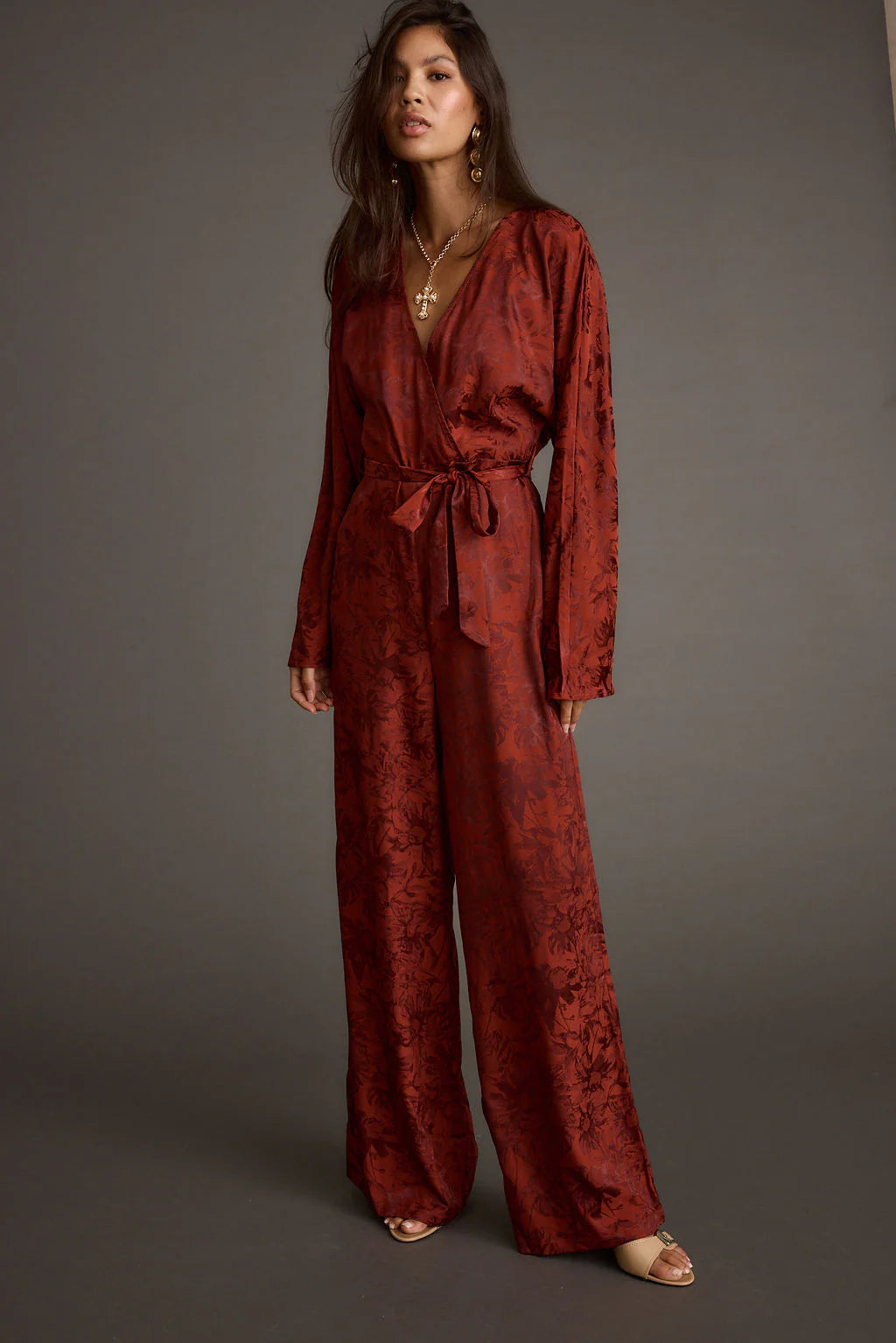 Noelle Cinnamon Satin Jacquard Jumpsuit