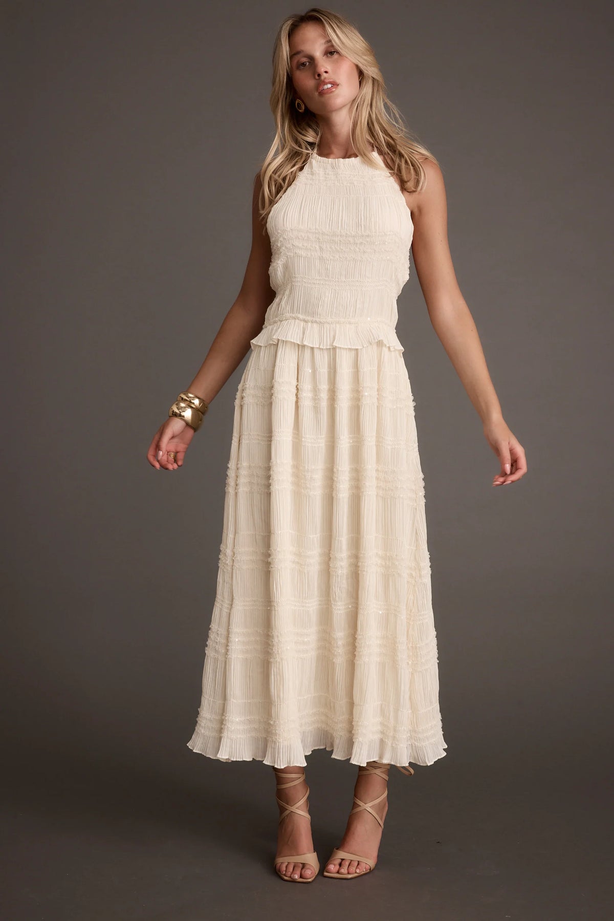 Quinn Ivory High Neck Shimmer Chiffon Maxi Dress