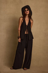 Clear Breeze Black Tie Linen Top