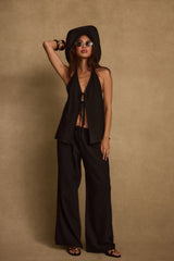 Clear Breeze Black Tie Linen Top